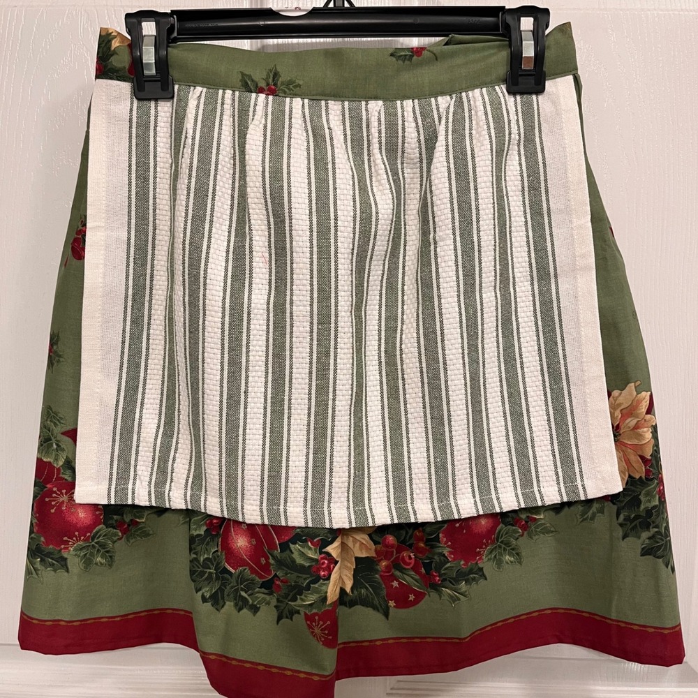 Handmade Christmas Half Apron Green Poinsettia Holiday Towel Front Tie Back XS-L